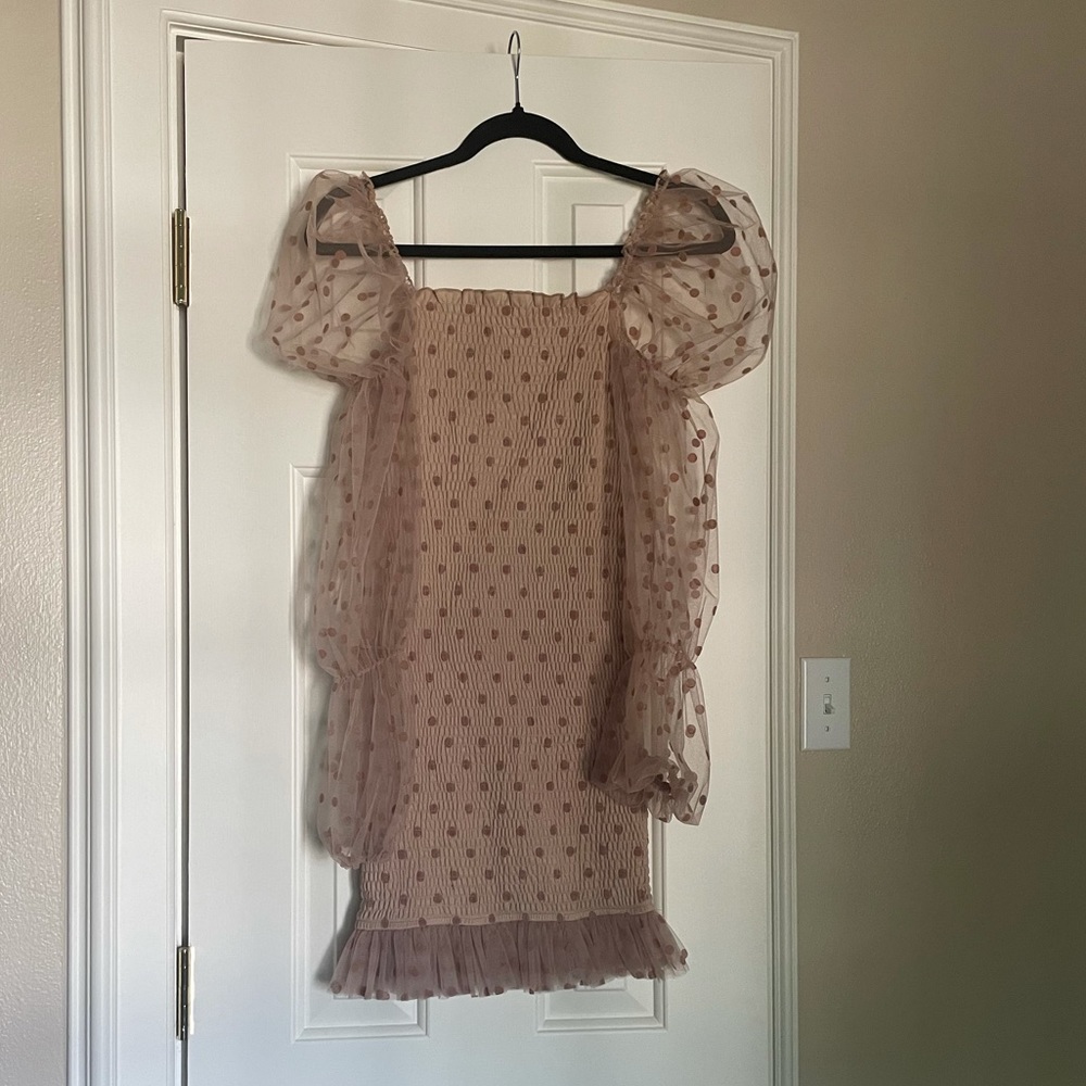 Tan polka dot dress with puff sleeves-  Lovesong
